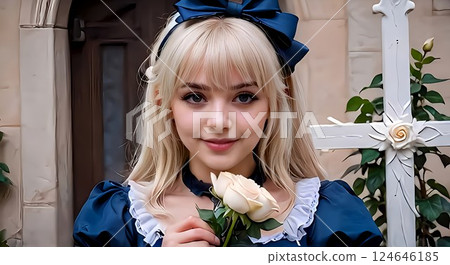 Close-up of a smiling woman holding a white rose 124646185