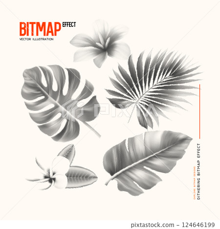 Set of tropical leaves and flowers with halftone effect. 124646199