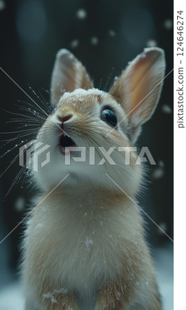 Close-up photograph of a frightened white rabbit with wide fearful eyes reflecting distant wolf threat Close-up photograph of a frightened white rabbit with wide fearful eyes reflecting distant wolf threat 124646274