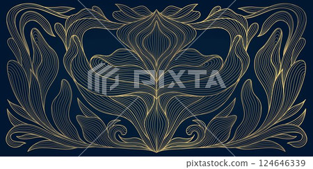 Vector nouveau art deco flower line pattern. Gold on blue leaves floral luxury graphic, abstract fancy style decoration. Wavy shape nature ornament. 124646339