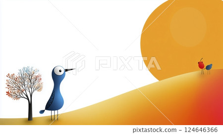Colorful Artistic Scene With Birds, Tree, and Large Yellow-Orange Sun 124646366