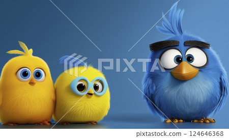 Adorable Cartoon Birds with Colorful Feathers on Blue Background 124646368