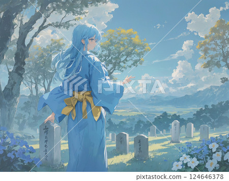 A woman in a kimono stares in front of a grave - AI 124646378