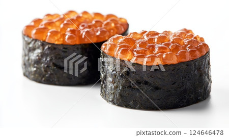High definition isolated sushi dish featuring delicately arranged salmon roe and rice on a pristine white background 124646478