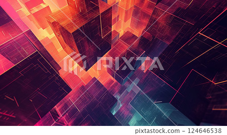 abstract background with purple neon cubes and square mosaic, futuristic technology isometric design 124646538