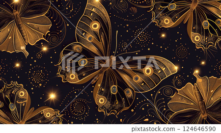 beautiful golden light butterfly and open space with stars and nebulas background, colorful creative light illustration 124646590