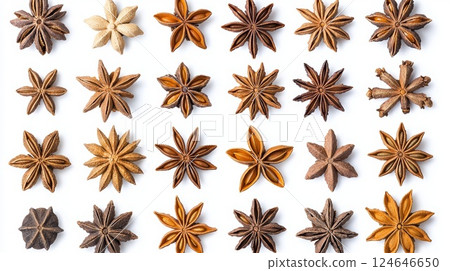High Quality Ultradetailed Isolated Star Anise and Spice Fruits and Seeds Display on Clean White Background High Quality Ultradetailed Isolated Star Anise and Spice Fruits and Seeds Display on Clean White Background 124646650