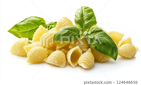 High Resolution Close Up of Conchiglie Rigate Pasta with Fresh Basil on White Background High Resolution Close Up of Conchiglie Rigate Pasta with Fresh Basil on White Background 124646656