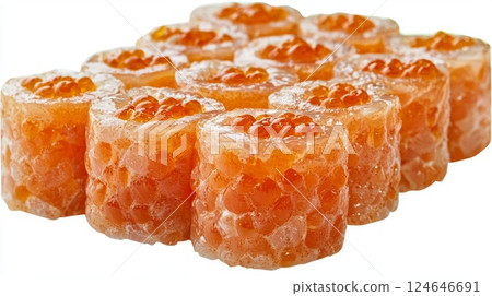 High Resolution Photo of Traditional Japanese Gunkan Maki with Salmon Roe on White Background 124646691