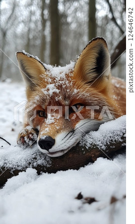 Injured Red Fox Lying in Snow with Its Paw Trapped Under a Frozen Branch 124646742