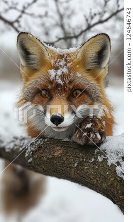 Injured Red Fox Lying in Snow with Trapped Paw Under Frozen Tree Branch Reflecting Pain 124646743