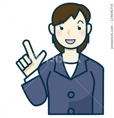 一位身穿海軍藍西裝的女士指著 一位身穿海軍藍西裝的女士指著 124646754