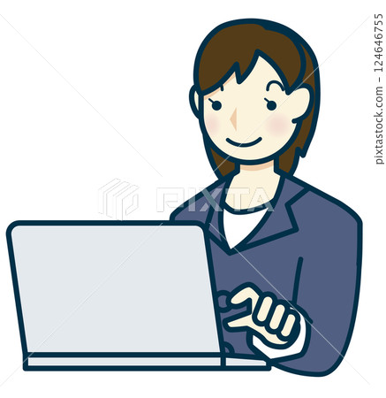 Illustration of a woman in a navy blue suit operating a laptop 124646755