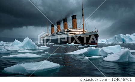 A luxury cruise ship sailing on a glacier-filled sea - AI 124646761