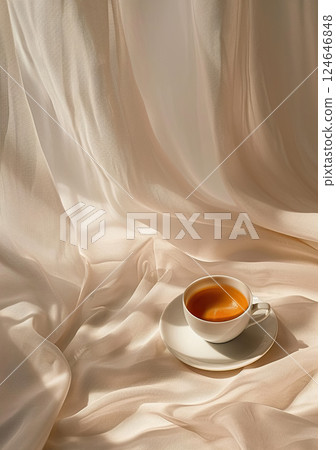white cup of hot coffee or tea drink on white silk veil background, fresh morning beverage white cup of hot coffee or tea drink on white silk veil background, fresh morning beverage 124646848
