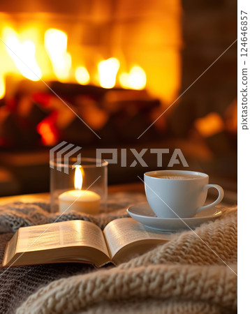 cup of tea of coffee and open book near fireplace at cozy home, hot drink at winter evening by fire place, cosy rest and relaxation concept 124646857