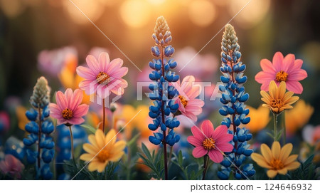 Lush Vibrant Summer Garden of Colorful Blooms Under Warm Sunlight on Solstice Day 124646932