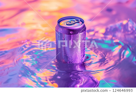 cold colorful metallic soda can in splashing water and with drops of condensate, fresh drink in liquid, advertising mock-up 124646993