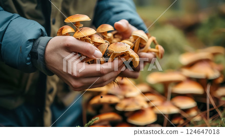 man picking mushroom in autumn forest, wild fungus harvesting at nature man picking mushroom in autumn forest, wild fungus harvesting at nature 124647018
