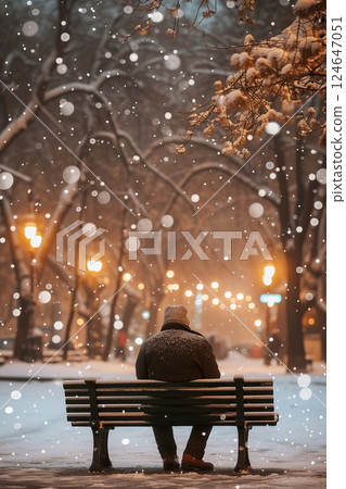 senior old man sitting in solitude on park bench at winter, calmness and tranquility in mature concept senior old man sitting in solitude on park bench at winter, calmness and tranquility in mature concept 124647051
