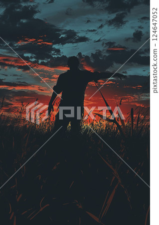 silhouette of happy man in field at sunset, person at nature, dramatic sky 124647052