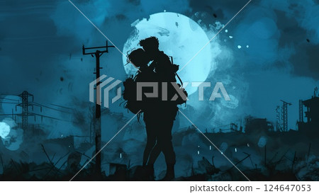 military man and woman hug and kiss at sunset 124647053