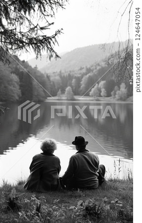 senior older couple walking and relaxing in autumn park by lake or river water, love and romance of retired man and woman senior older couple walking and relaxing in autumn park by lake or river water, love and romance of retired man and woman 124647054