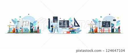 Construction and engineering scenes with miniature people. Architecture and engineering class Construction and engineering scenes with miniature people. Architecture and engineering class 124647104