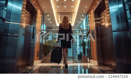 business woman travelling with suitcase, female at hotel lobby and with luggage 124647108