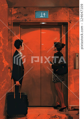 tourst businessman in suit with suitcase waiting for elevator in lobby 124647109