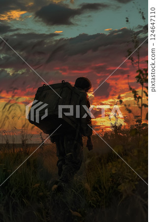 man traveler with big backpack in field at sunset 124647110