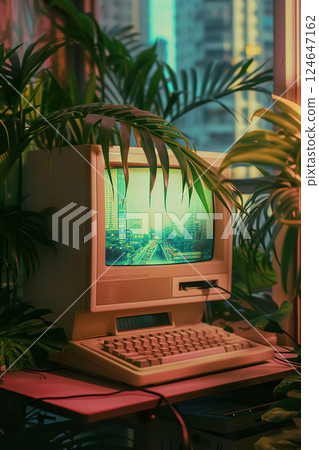 old retro personal computer with vintage CRT display, obsolete old-fashioned pc with keyboard and screen, in style of synthwave 124647162