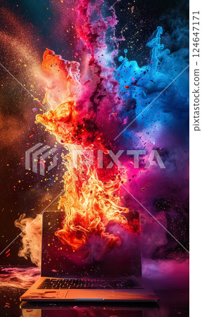 modern laptop burning, pc emergency and accident concept, data and information loss background modern laptop burning, pc emergency and accident concept, data and information loss background 124647171