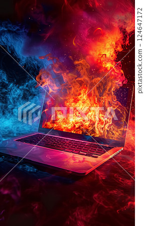 modern laptop burning, pc emergency and accident concept, data and information loss background modern laptop burning, pc emergency and accident concept, data and information loss background 124647172