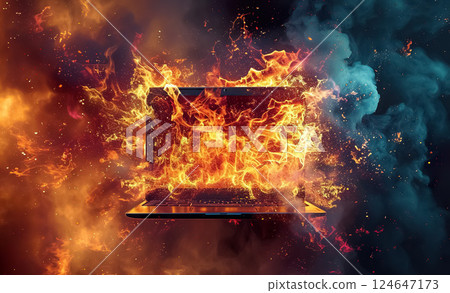 modern laptop burning, pc emergency and accident concept, data and information loss background modern laptop burning, pc emergency and accident concept, data and information loss background 124647173