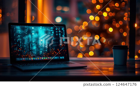 modern laptop on table at night, portable personal computer, smart network and data exchange concept 124647176