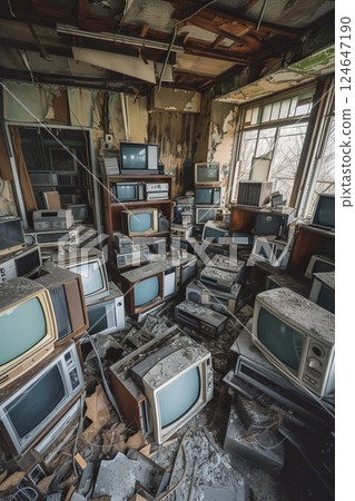 dump of old broken obsolete computer with displays or tv, pile of junk electronics, industrial concept dump of old broken obsolete computer with displays or tv, pile of junk electronics, industrial concept 124647190