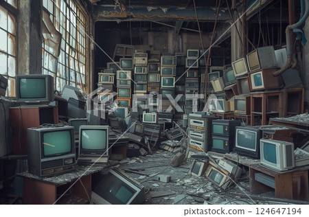 dump of old broken obsolete computer with displays or tv, pile of junk electronics, industrial concept 124647194