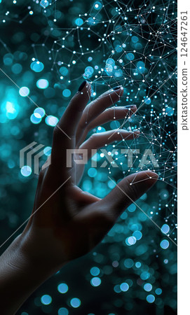 hand touching 3d hologram of network, networking and connect concept, futuristic digital technology and cyberspace banner 124647261