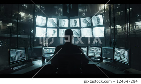 person operating video surveillance in dark control room with many displays, engineer operator monitoring factory processes in server data centre 124647284