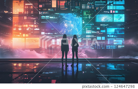 man and woman engineers standing by big screen with technology data, technicians team monitoring work with big digital display 124647298