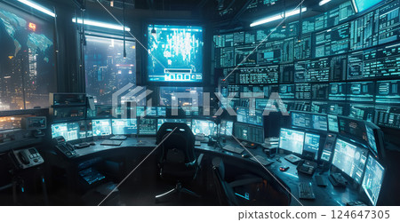 electronic control room with display at factory or industry, surveillance and monitoring station 124647305