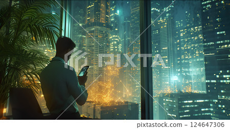 successful young businessman in suit standing by window in office building, urban city skyline with skyscrapers on background 124647306