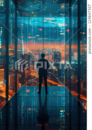successful young businessman in suit standing by window in office building, urban city skyline with skyscrapers on background 124647307