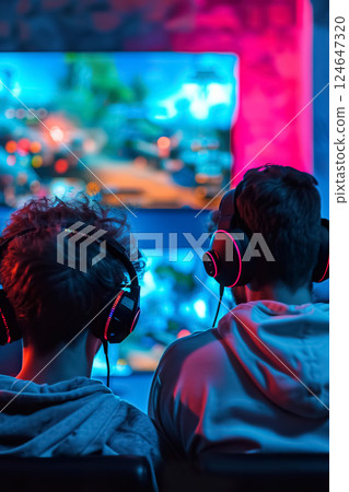 happy couple playing video game with controller on play station at home, friends play computer games on console and have fun 124647320