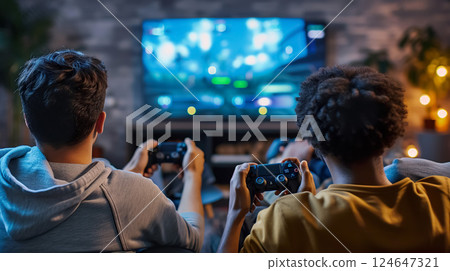 happy couple playing video game with controller on play station at home, friends play computer games on console and have fun 124647321