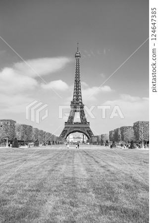 The Eiffel Tower rises majestically over a lush green park, surrounded by meticulously shaped hedges. Visitors stroll leisurely beneath the iconic structure on a sunny day. 124647385