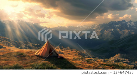 campsite with tent at nature, camping in mountains at sunset campsite with tent at nature, camping in mountains at sunset 124647453
