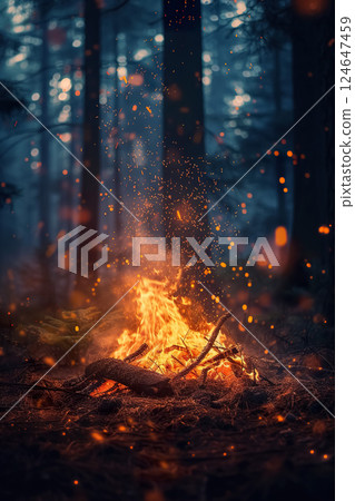 cozy fireplace at forest, fire at night campsite 124647459