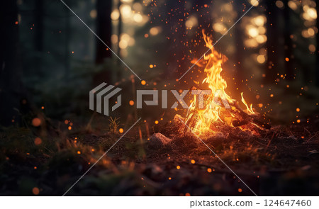 cozy fireplace at forest, fire at night campsite 124647460
